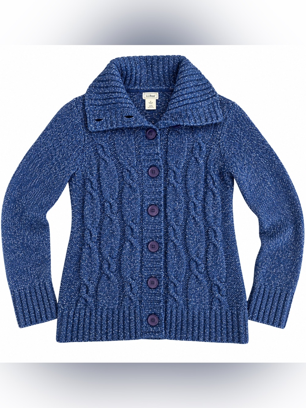 L.L.Bean Blue Cable Knit Cardigan Sweater Button Front Wool Blend M
